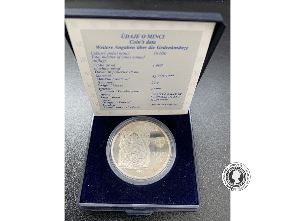 Strieborná minca 1998 SNG 200 Sk PROOF - stav viď.foto - Slovenská národná galéria