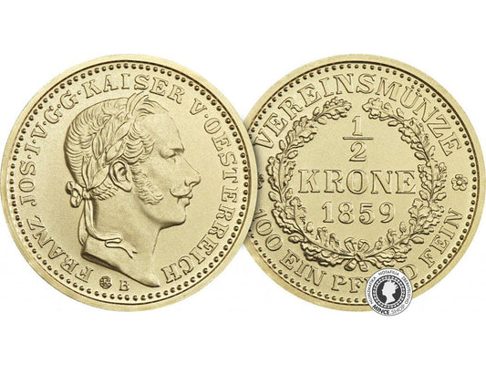 Zlatá medaila - Kremnické razby Františka Jozefa - spolková 1/2 koruna 1859