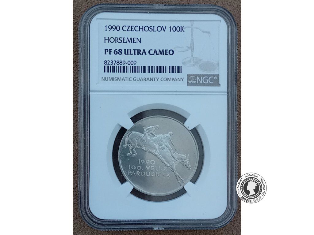 Strieborná minca 100kčs / 1990 - 100.Velká Pardubická - kvalita PF 68
