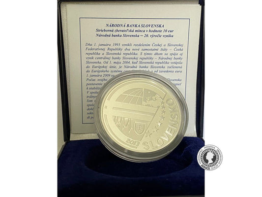 Strieborná minca Ag Proof 10€ / 2013 - NBS - Národná banka Slovenska - 20. výročie vzniku - vlastnoručný podpis autorov