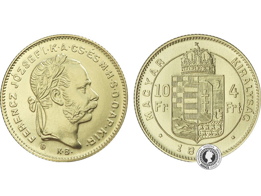 Zlatá medaila - Kremnické razby Františka Jozefa - 4-zlatník (4-forint/10-frank z roku 1880) *iný tvar hlavy
