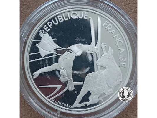 100 francs 1990 Francúzsko PROOF - Albertville 92 - Skieur acrobatique et chamois
