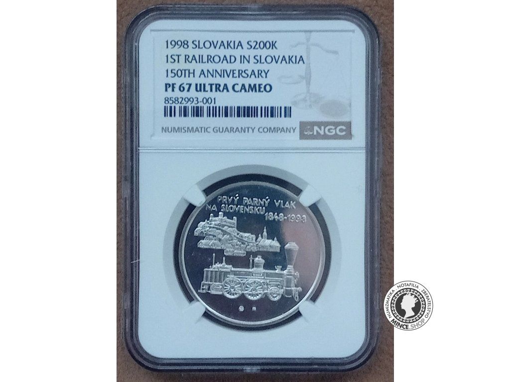 Strieborná minca 200 Sk / 1998 - Prvý parný vlak na Slovensku 1848-1998 - kvalita PF 67 ULTRA CAMEO