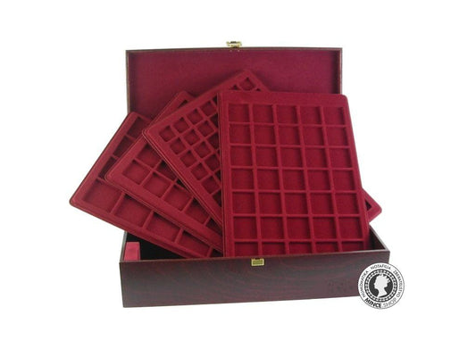 Elegantná drevená kazeta pre pláta na mince, bankovky a odznaky 350x250x110