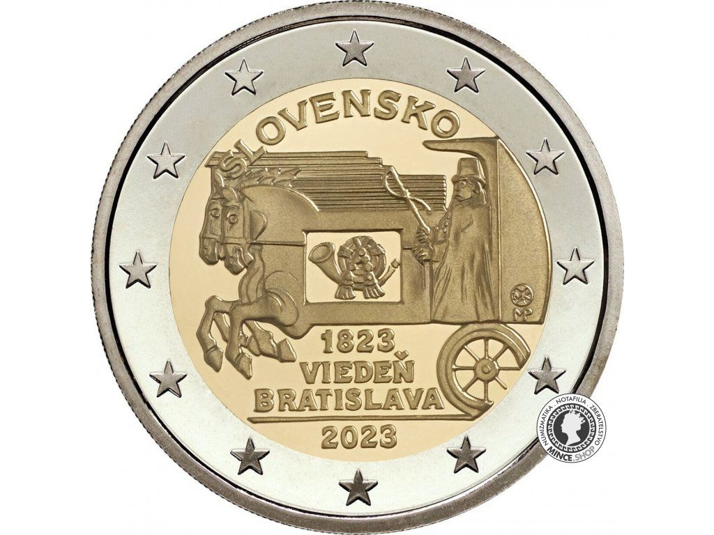 Minca 2€ (2023) proof like - Začiatok pravidelnej expresnej pošty ťahanej koňmi na trase Viedeň - Bratislava - 200.výročie
