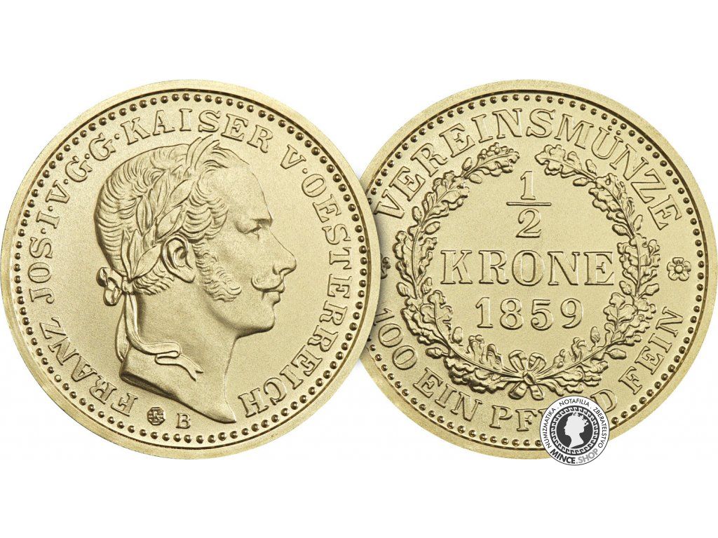 Zlatá medaila - Kremnické razby Františka Jozefa - spolková 1/2 koruna 1859