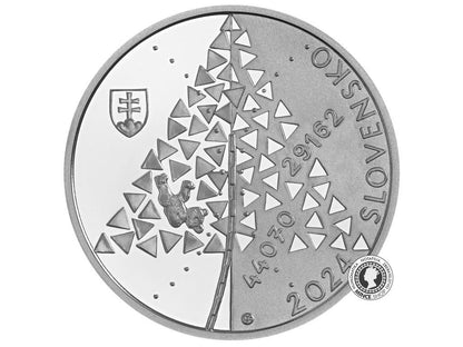 Strieborná minca 10€ (2024) proof - Podanie správy o nacistických vyhladzovacích táboroch Auschwitz a Birkenau - 80.výročie / Wetzler, Vrba, holokaust