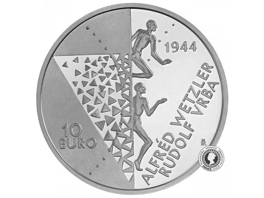 Strieborná minca 10€ (2024) BK - Podanie správy o nacistických vyhladzovacích táboroch Auschwitz a Birkenau - 80.výročie / Wetzler, Vrba, holokaust