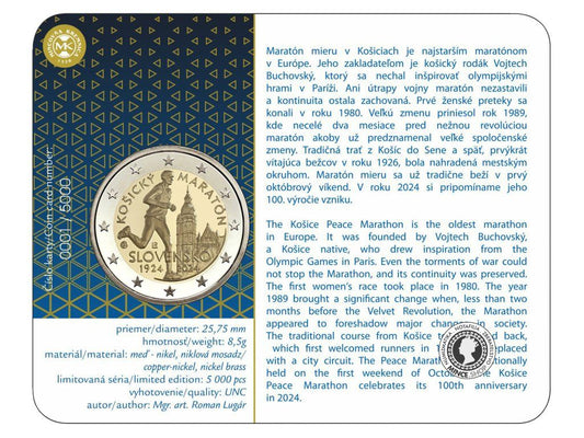 Zberateľská karta coin card 2€ (2024) - Medzinárodný maratónsky beh v Košiciach - 100.výročie založenia