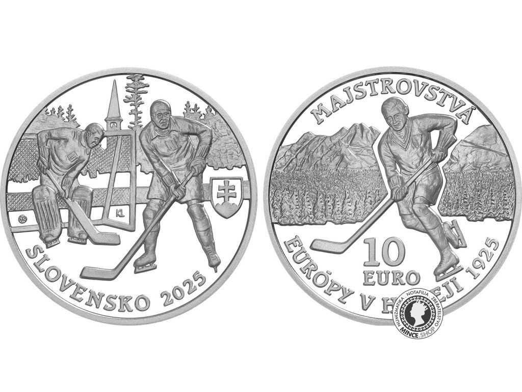 Strieborná zberateľská eurominca PROOF 10 eur / 2025 Prvý medzinárodný športový turnaj na území SR – Majstrovstvá Európy v hokeji – 100. výročie