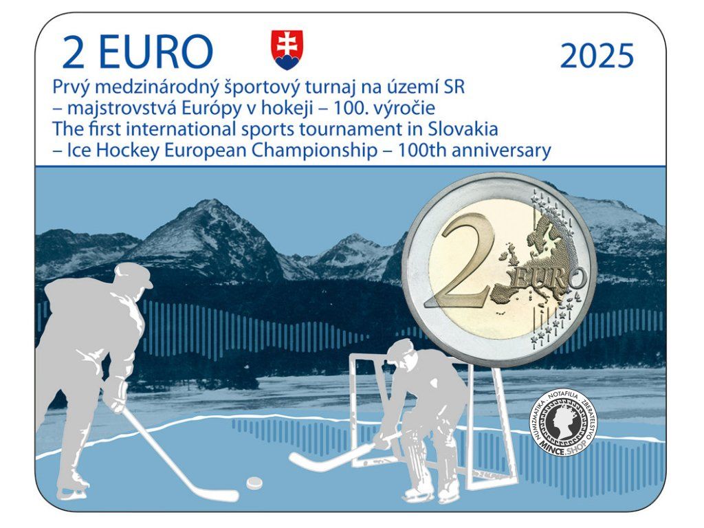 Zberateľská karta 2€ (2025) coincard - Prvý medzinárodný športový turnaj na území SR - Majstrovstvá Európy v hokeji - 100.výročie