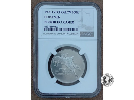 Strieborná minca 100kčs / 1990 - 100.Velká Pardubická - kvalita PF 68