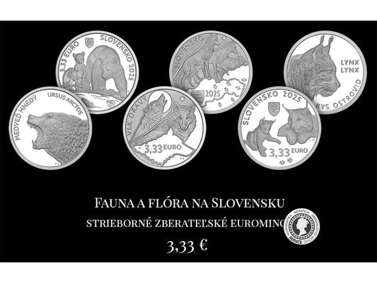 Súbor strieborných euromincí 3 x 3,33 € (2025) - Rys, Vlk, Medveď - Fauna a Flóra na Slovensku
