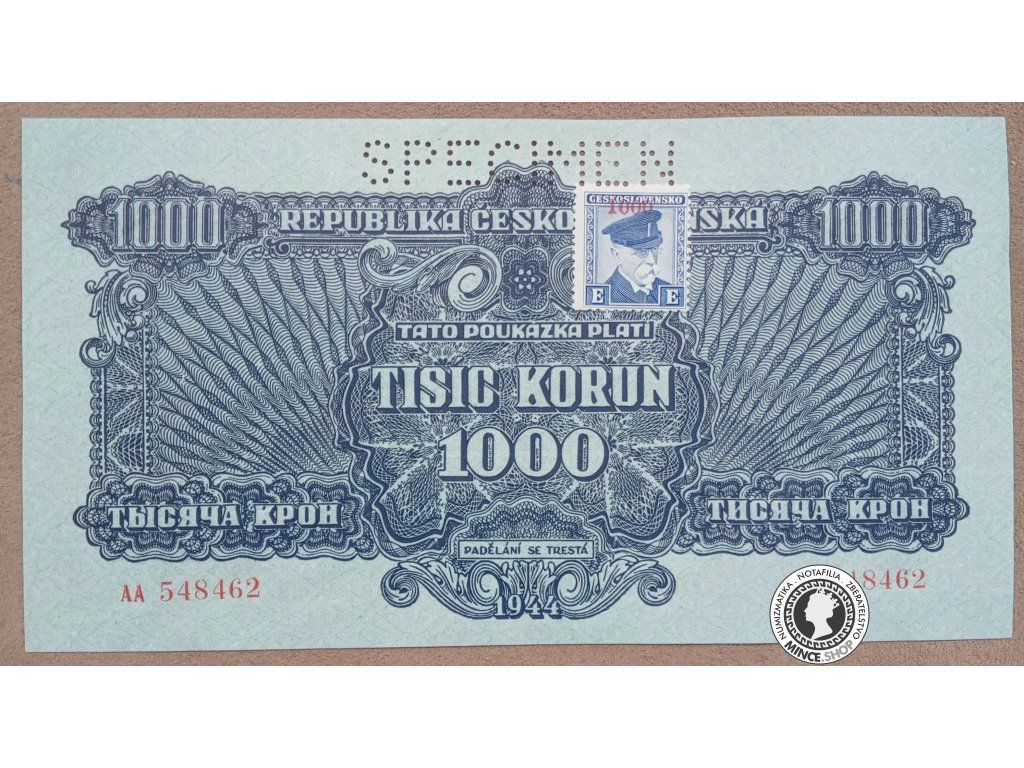 1000 Korunová poukážka kolkovaná - 1944 - Česko-Slovensko - SPECIMEN