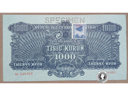 1000 Korunová poukážka kolkovaná - 1944 - Česko-Slovensko - SPECIMEN