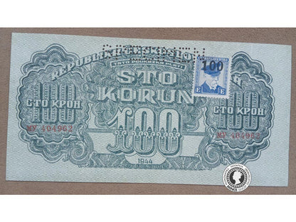 100 Korunová poukážka kolkovaná - 1944 - Česko-Slovensko - SPECIMEN