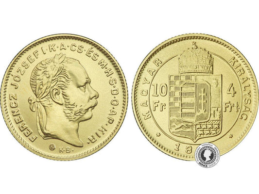 Zlatá medaila - Kremnické razby Františka Jozefa - 4-zlatník (4-forint/10-frank z roku 1874) * uhorská razba