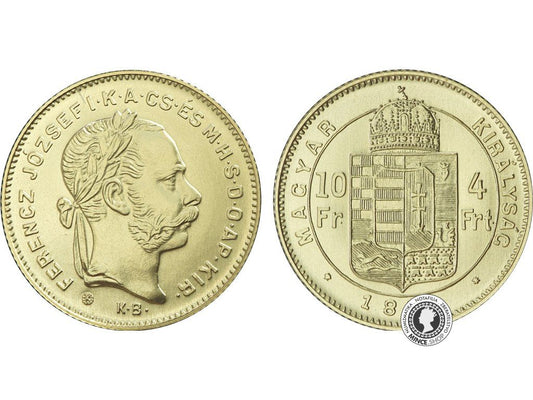 Zlatá medaila - Kremnické razby Františka Jozefa - 4-zlatník (4-forint/10-frank z roku 1880) *iný tvar hlavy